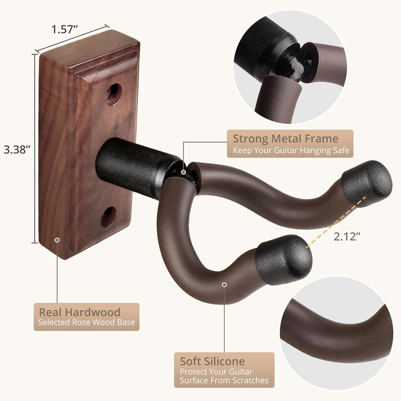 DIDA Guitar Wall Mount, Guitar Hanger, Silicone Pad, U-Shaped Guitar Wall Hanger Mount, Rotatable Guitar Holder Hook Stand Wall for Acoustic, Electric Guitar, Bass (American Black Walnut 2 Pack) - Image 3